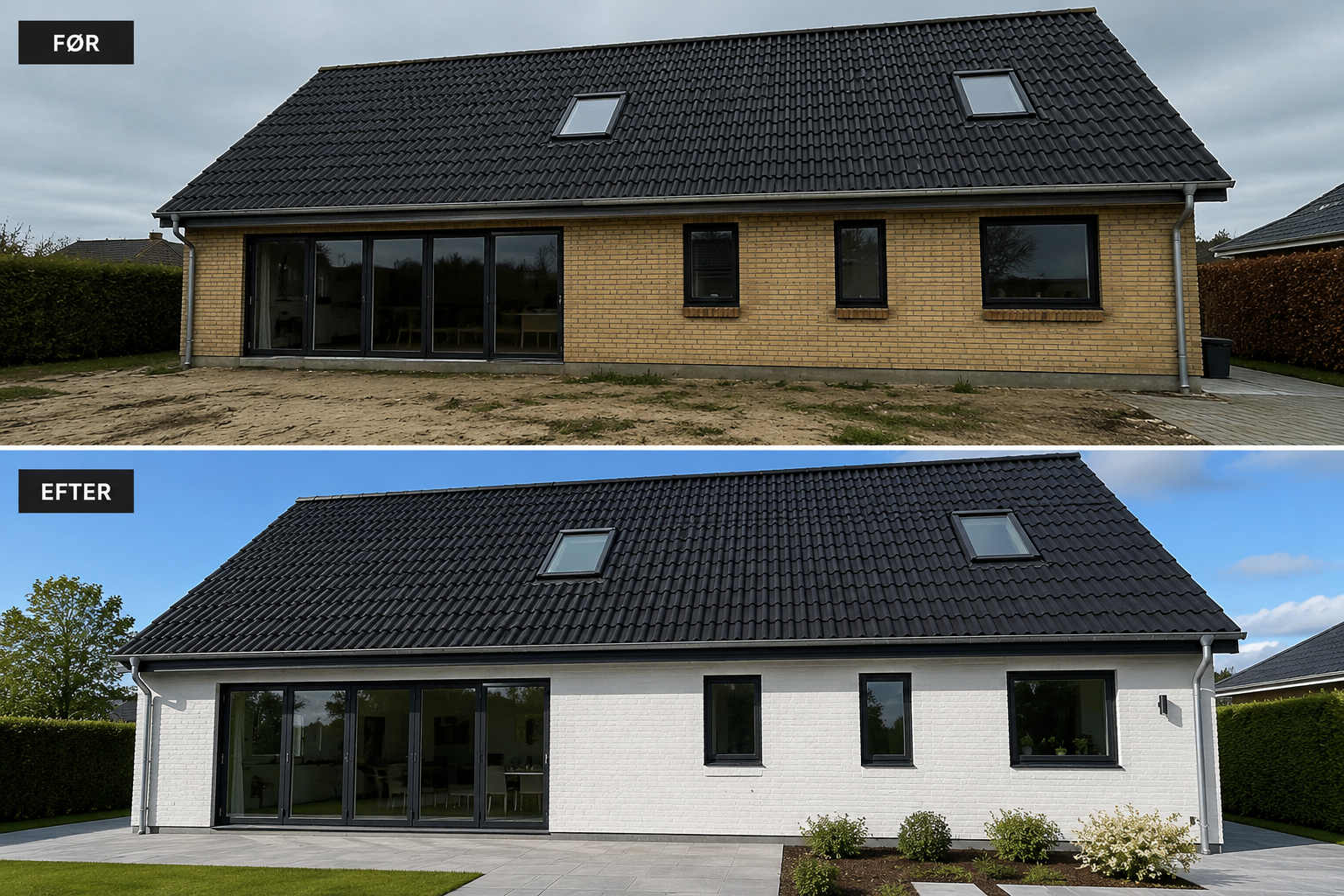 Før og efter billede vandskuring af hus